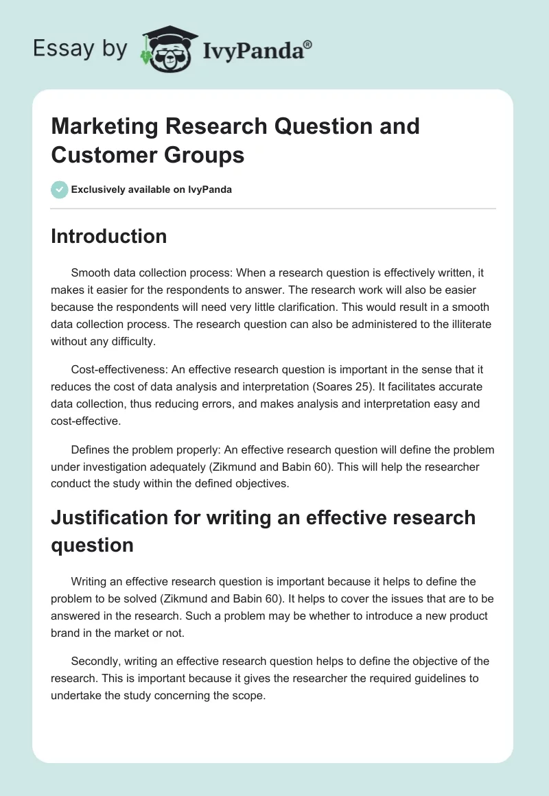 Marketing Research Question and Customer Groups. Page 1