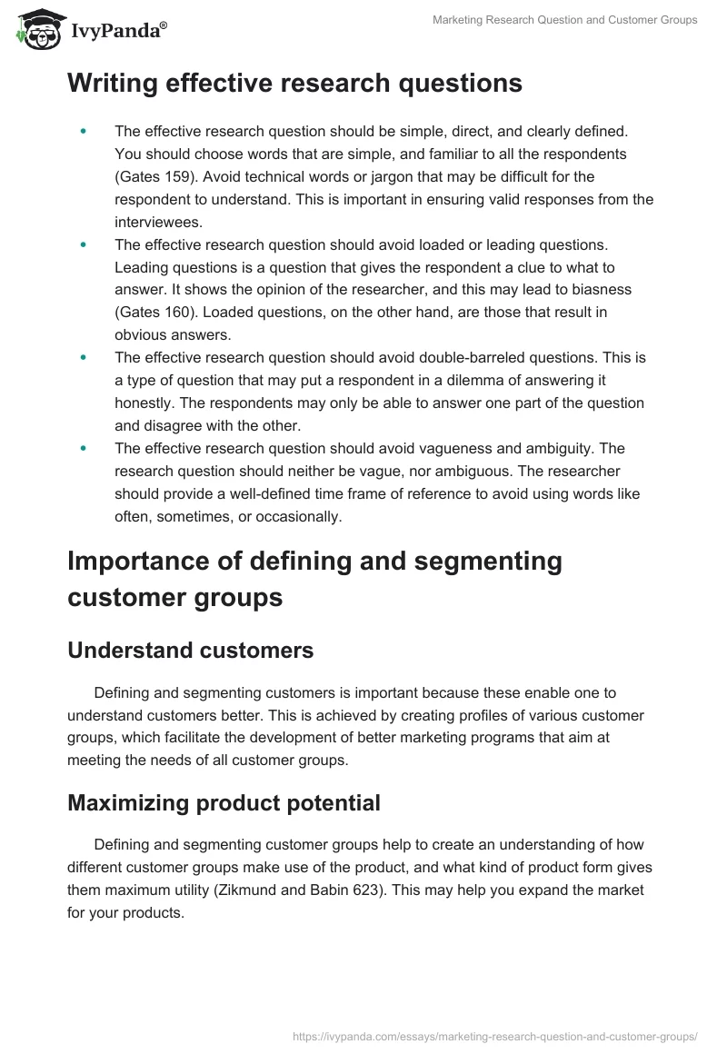 Marketing Research Question and Customer Groups. Page 2