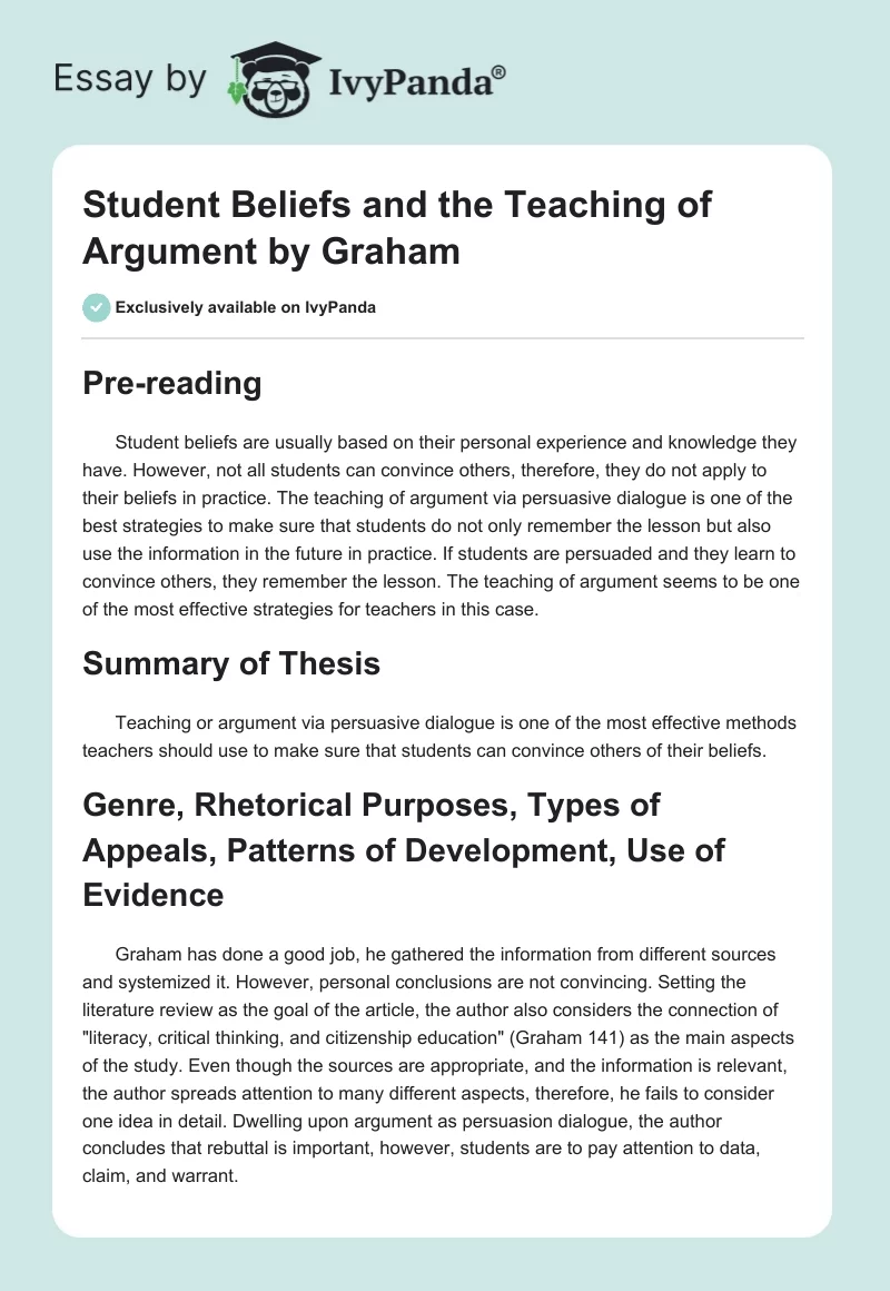 "Student Beliefs and the Teaching of Argument" by Graham. Page 1