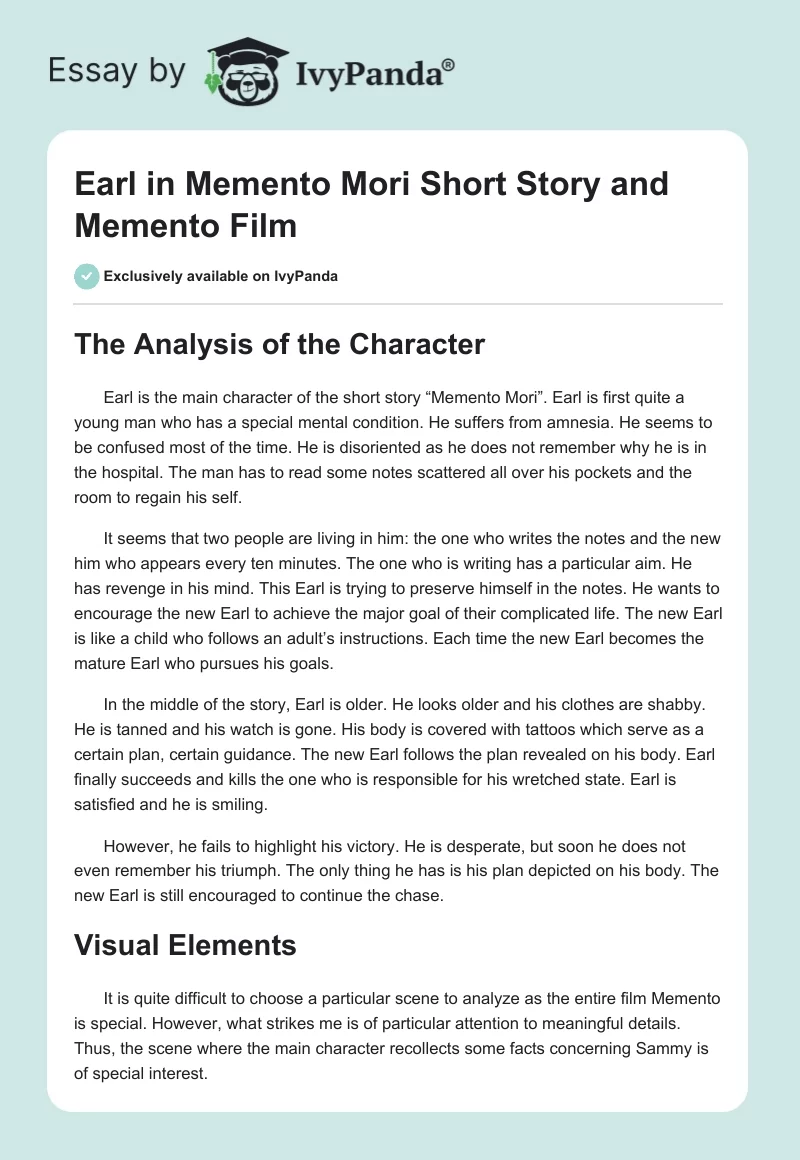 Earl in "Memento Mori" Short Story and "Memento" Film. Page 1