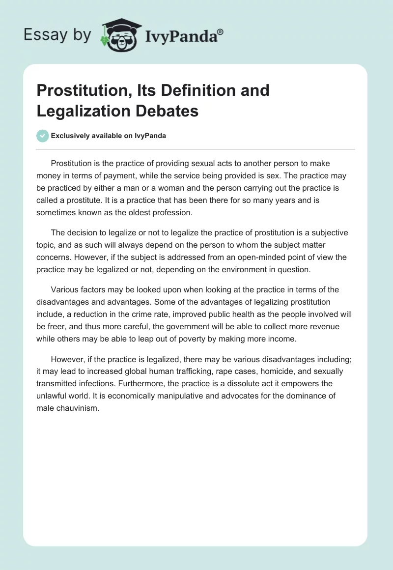 Prostitution Definition And Legalization Debates 244 Words Essay Example