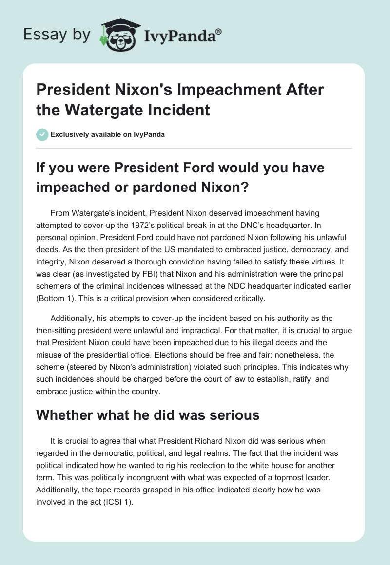 President Nixon's Impeachment After the Watergate Incident. Page 1