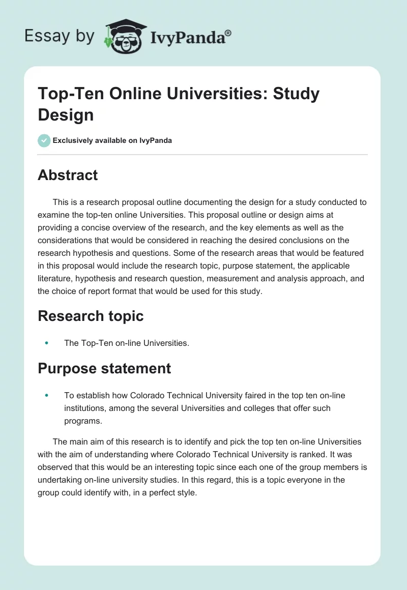 Top-Ten Online Universities: Study Design. Page 1