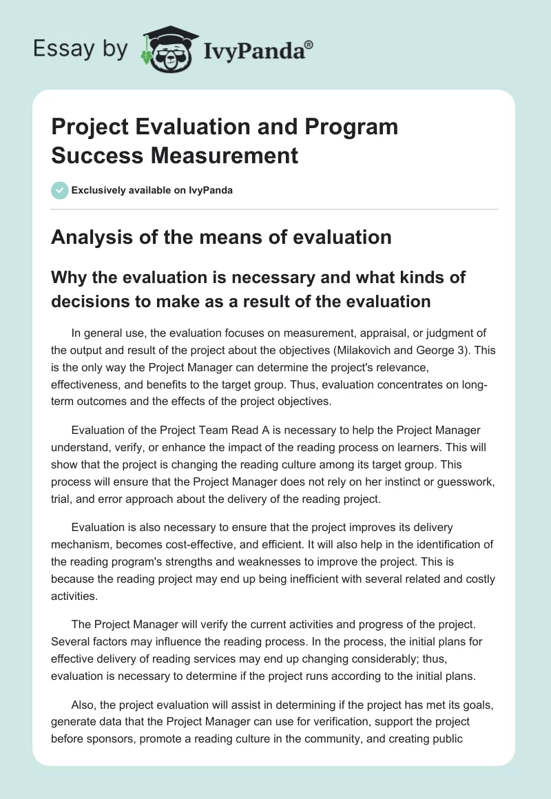 Project Evaluation and Program Success Measurement. Page 1