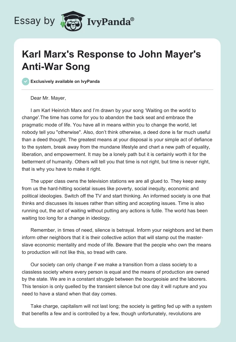 Karl Marx's Response to John Mayer's Anti-War Song. Page 1