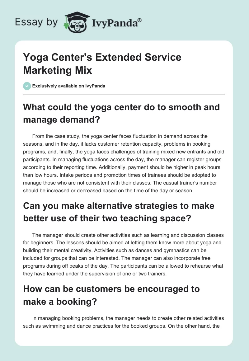 Yoga Center's Extended Service Marketing Mix. Page 1