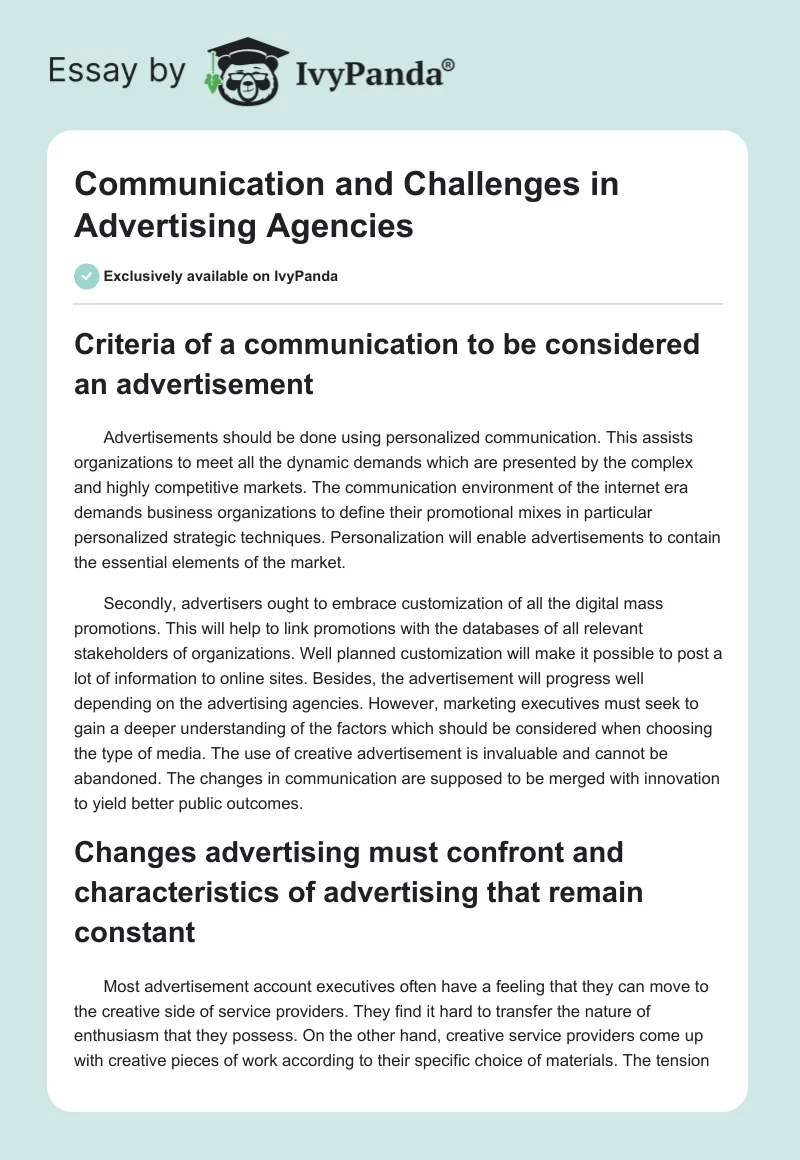 Communication and Challenges in Advertising Agencies. Page 1