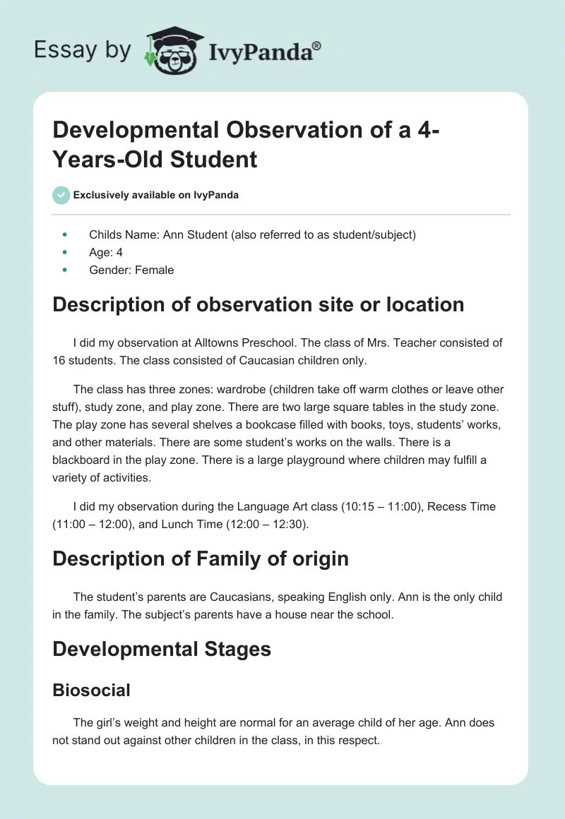 Developmental Observation of a 4-Years-Old Student. Page 1
