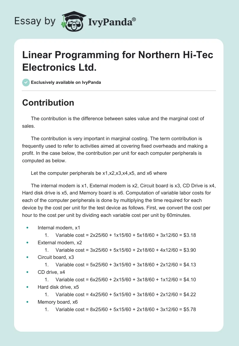 Linear Programming for Northern Hi-Tec Electronics Ltd.. Page 1