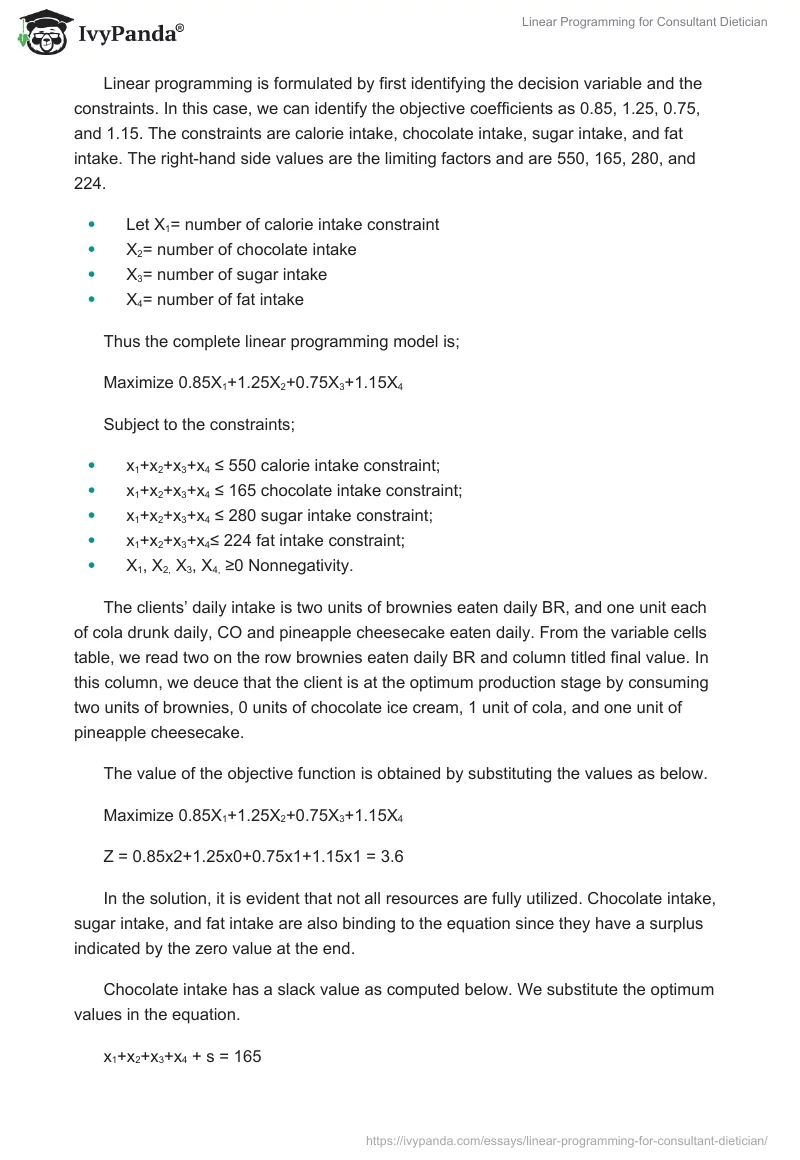 Linear Programming for Consultant Dietician. Page 2