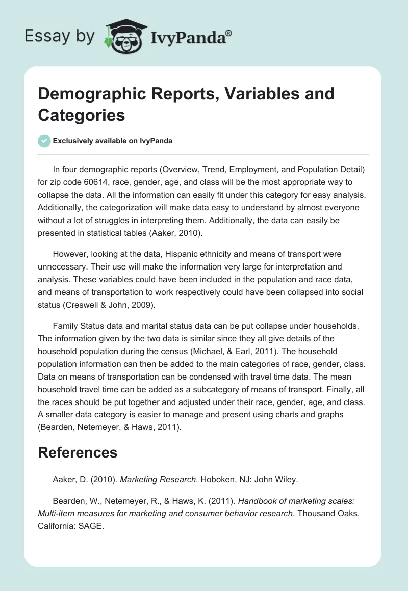 Demographic Reports, Variables and Categories. Page 1