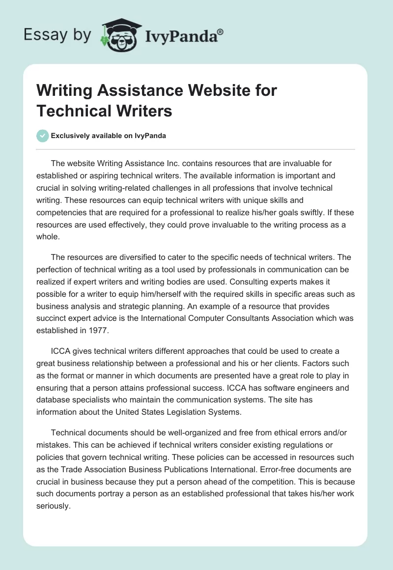 Writing Assistance Website for Technical Writers. Page 1
