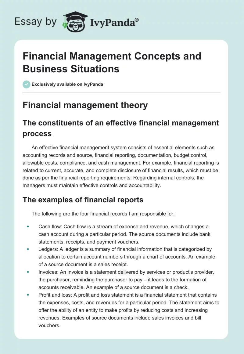 Financial Management Concepts and Business Situations. Page 1