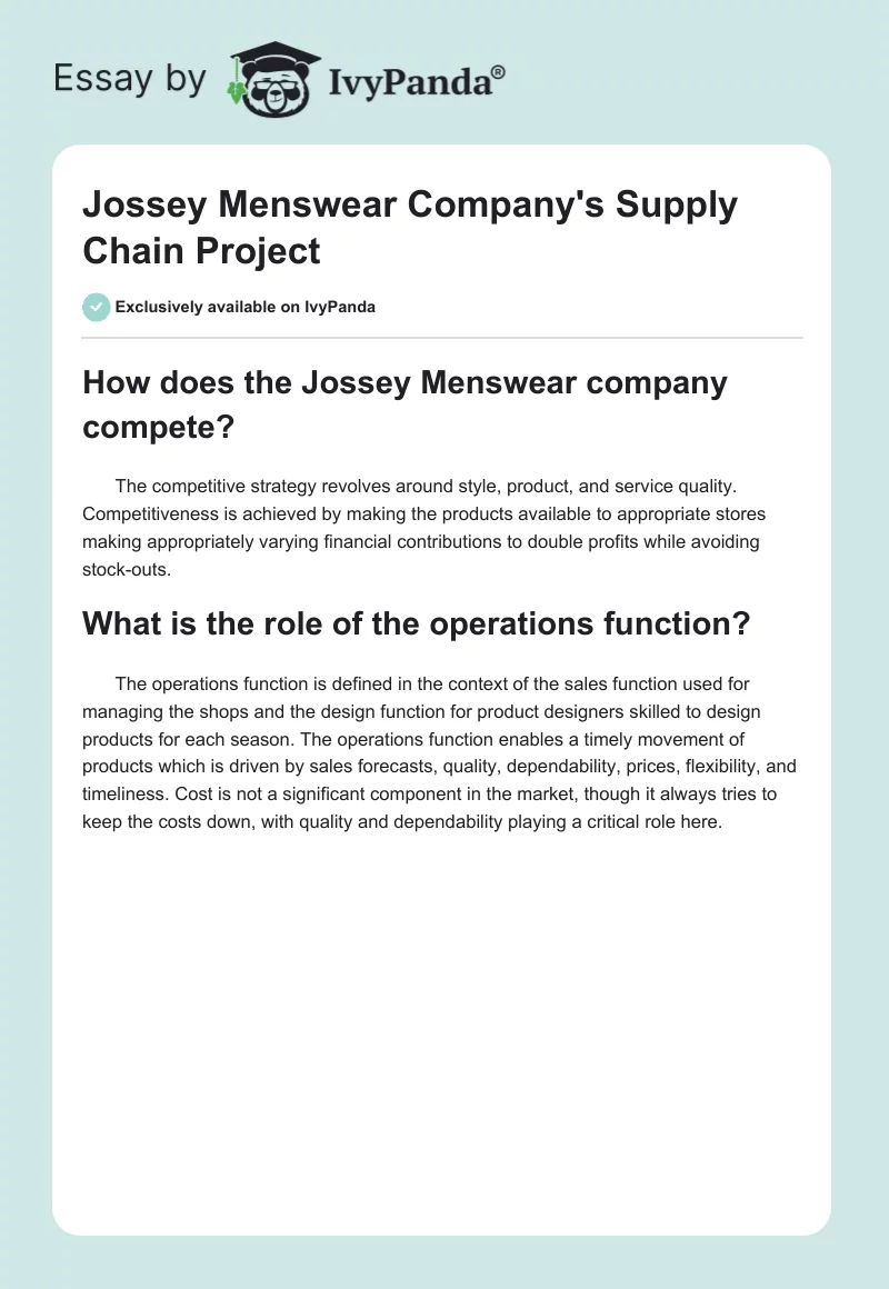 Jossey Menswear Company's Supply Chain Project. Page 1
