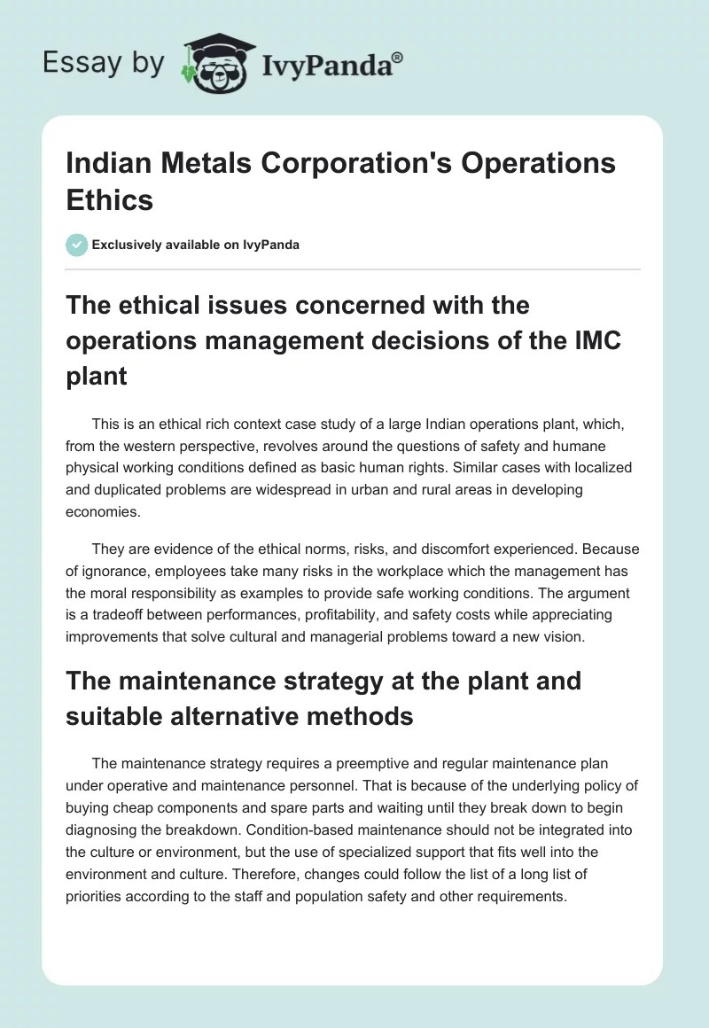 Indian Metals Corporation's Operations Ethics. Page 1