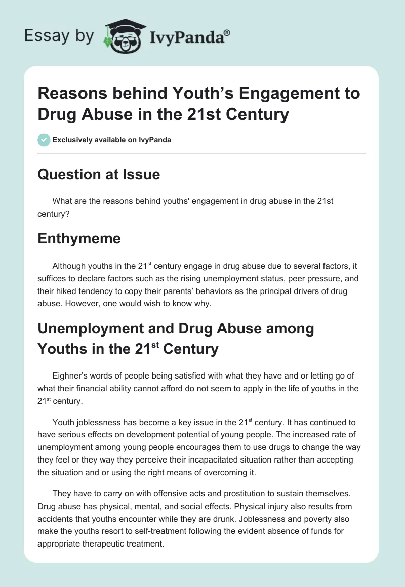 Reasons Behind Youth’s Engagement to Drug Abuse in the 21st Century. Page 1