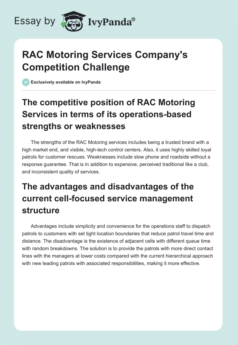 RAC Motoring Services Company's Competition Challenge. Page 1