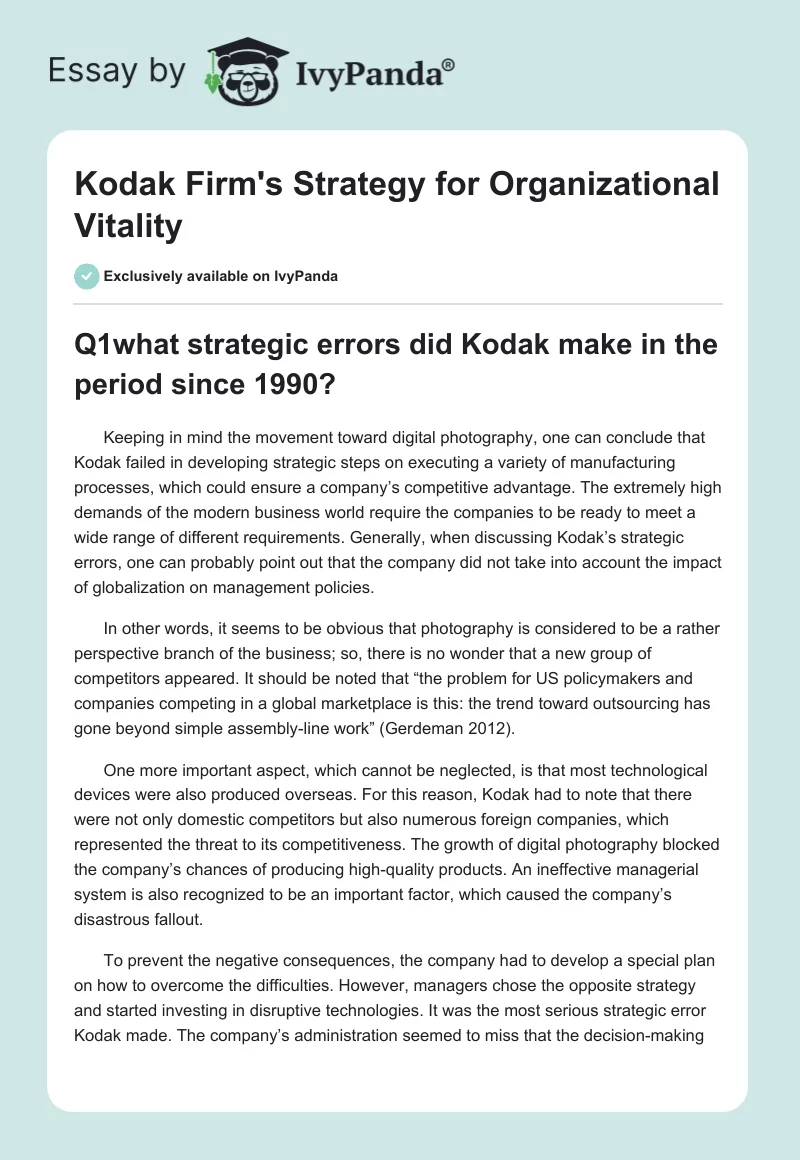 Kodak Firm's Strategy for Organizational Vitality. Page 1