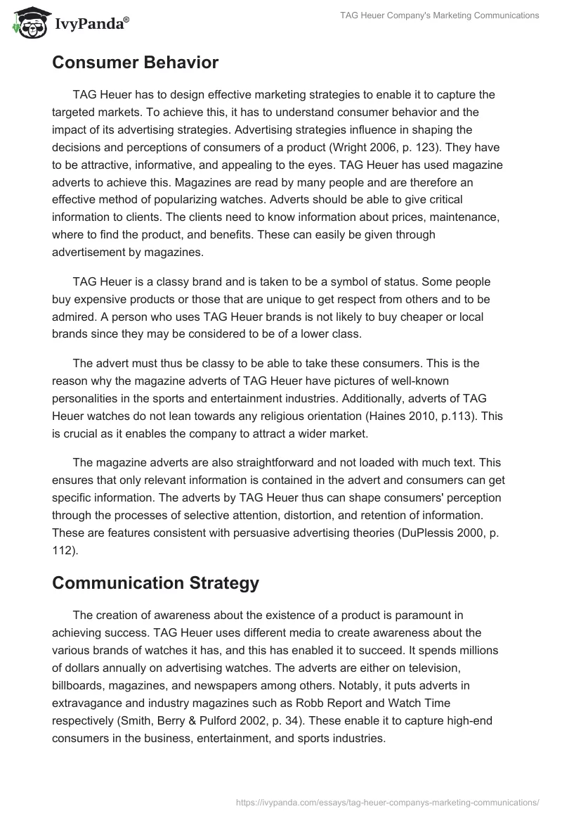 TAG Heuer Company's Marketing Communications. Page 2