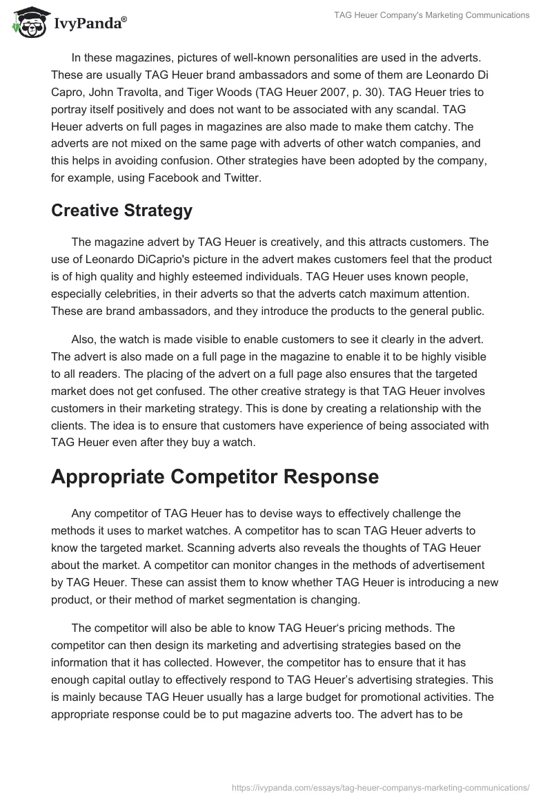 TAG Heuer Company's Marketing Communications. Page 3