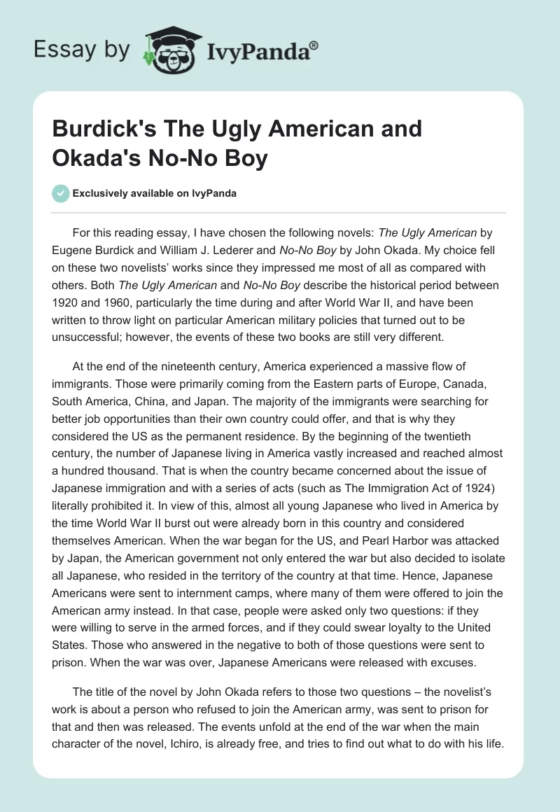 Burdick's "The Ugly American" and Okada's "No-No Boy". Page 1