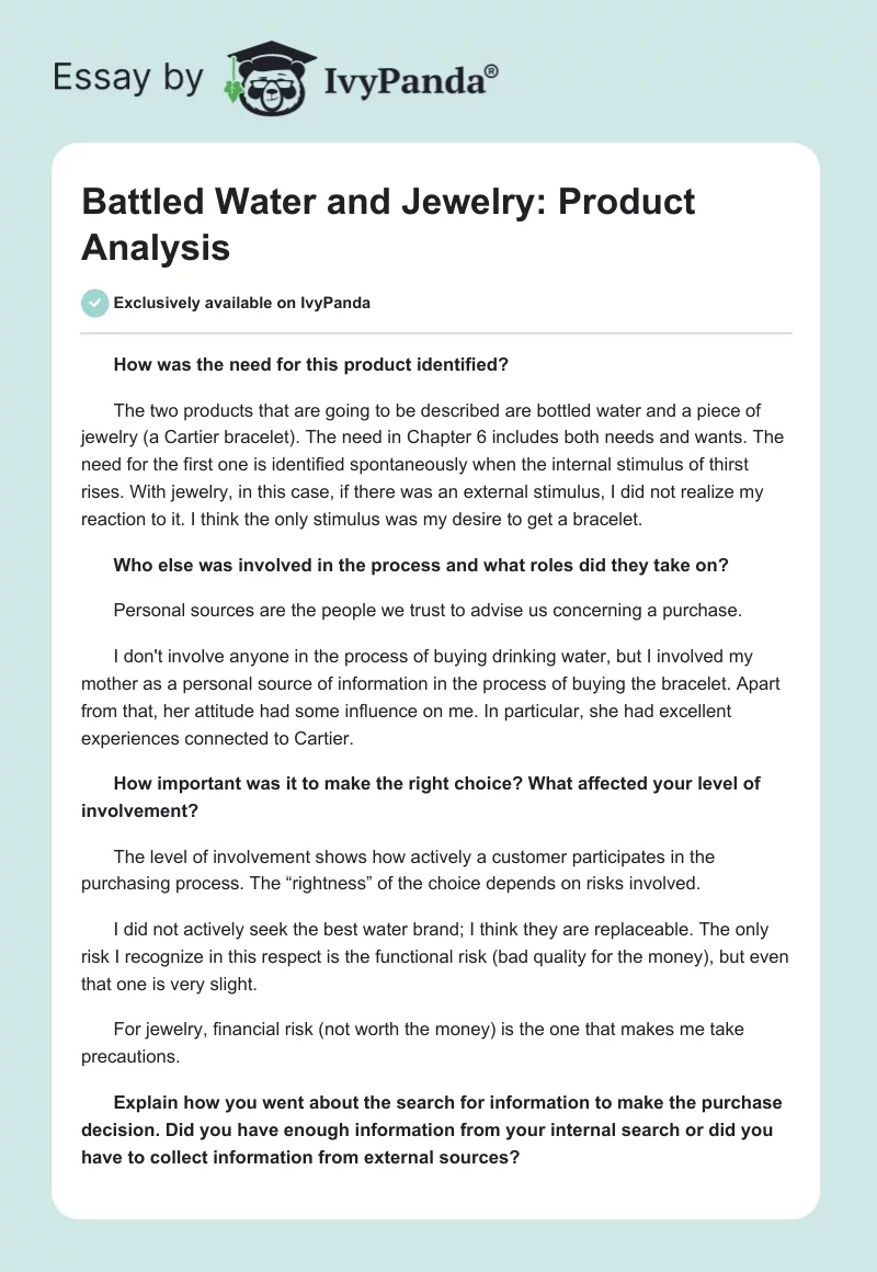 Battled Water and Jewelry: Product Analysis. Page 1