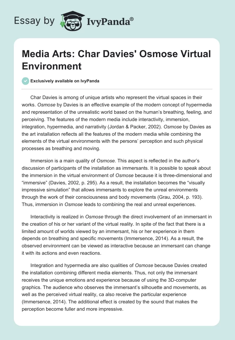 Media Arts: Char Davies' Osmose Virtual Environment. Page 1