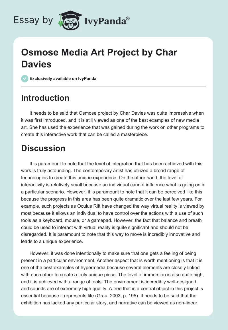 Osmose Media Art Project by Char Davies. Page 1