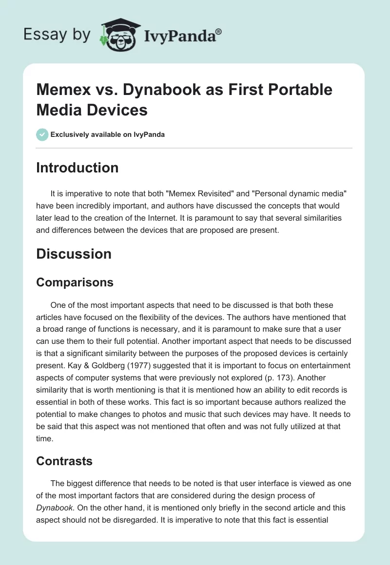 Memex vs. Dynabook as First Portable Media Devices. Page 1