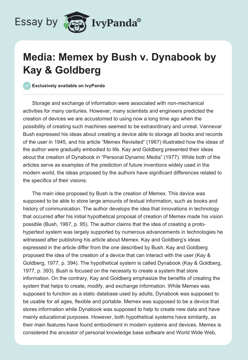 Media: Memex by Bush v. Dynabook by Kay & Goldberg. Page 1