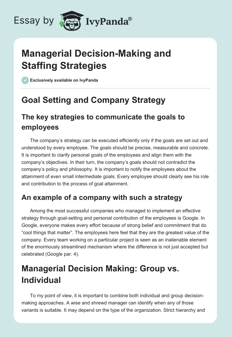 Managerial Decision-Making and Staffing Strategies. Page 1