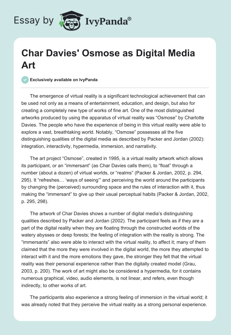 Char Davies' Osmose as Digital Media Art. Page 1