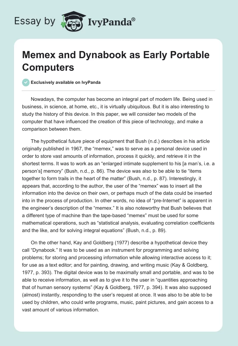 Memex and Dynabook as Early Portable Computers. Page 1