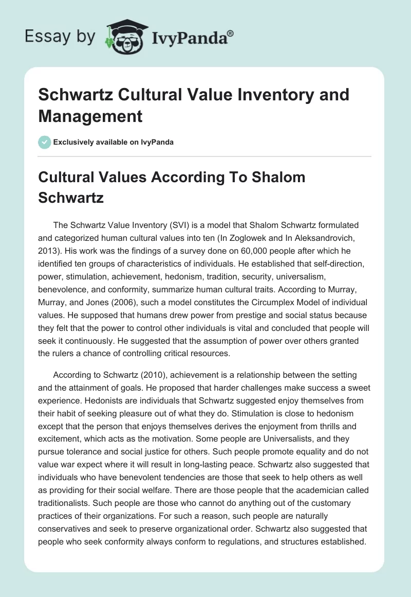Schwartz Cultural Value Inventory and Management. Page 1