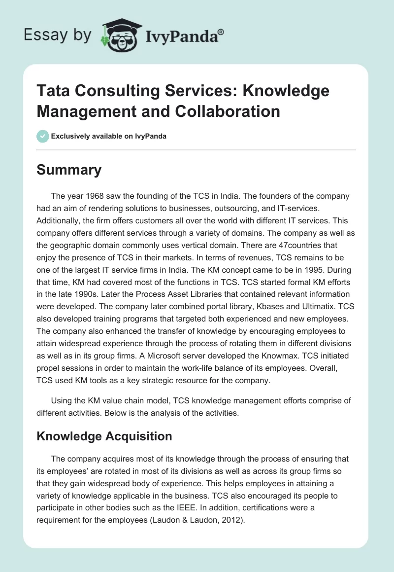 Tata Consulting Services: Knowledge Management and Collaboration. Page 1
