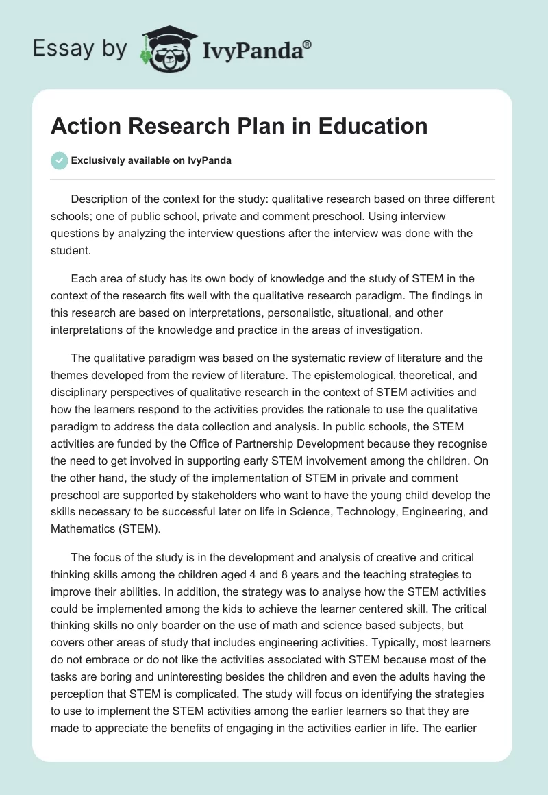 Action Research Plan in Education. Page 1