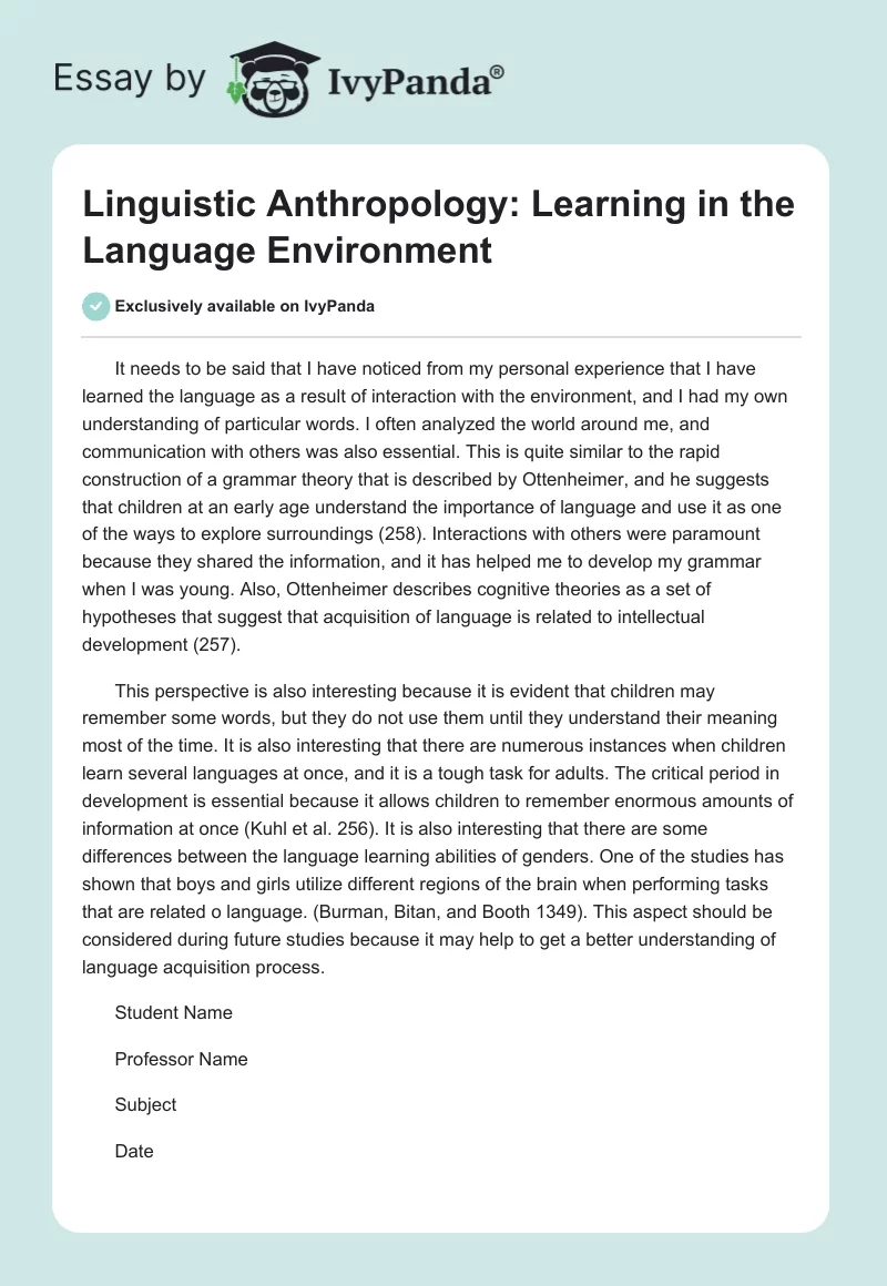 Linguistic Anthropology: Learning in the Language Environment. Page 1