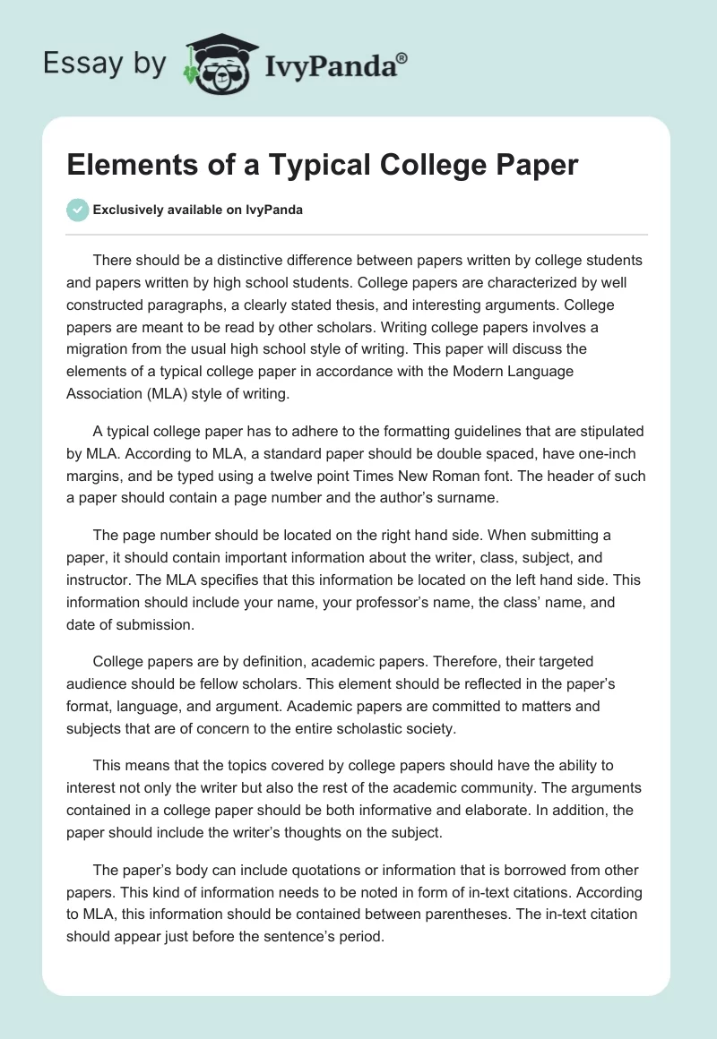Elements of a Typical College Paper. Page 1