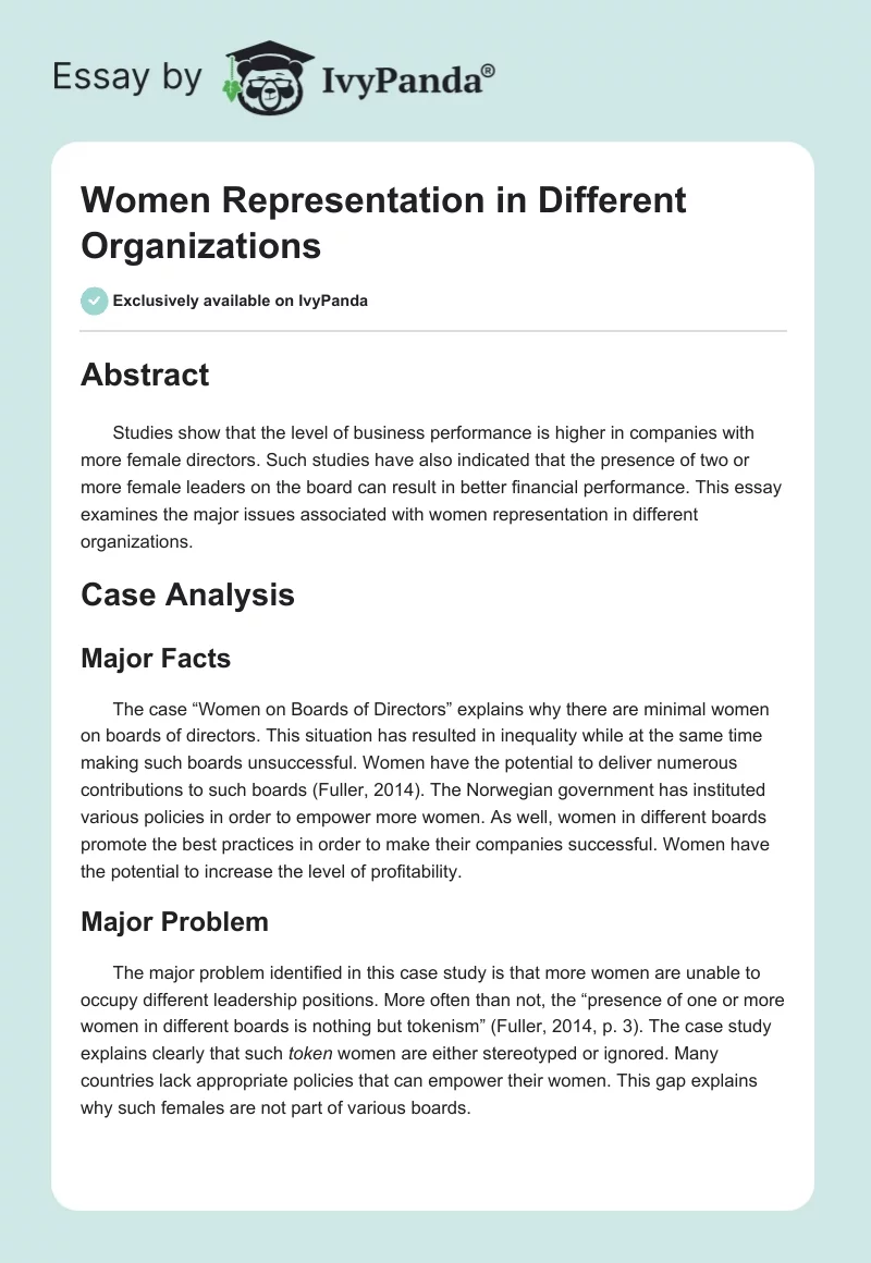 Women Representation in Different Organizations. Page 1