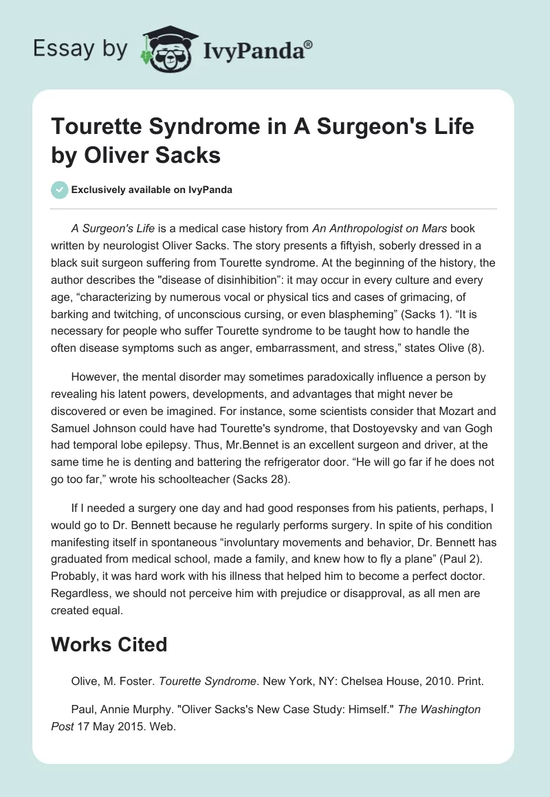 Tourette Syndrome in "A Surgeon's Life" by Oliver Sacks. Page 1