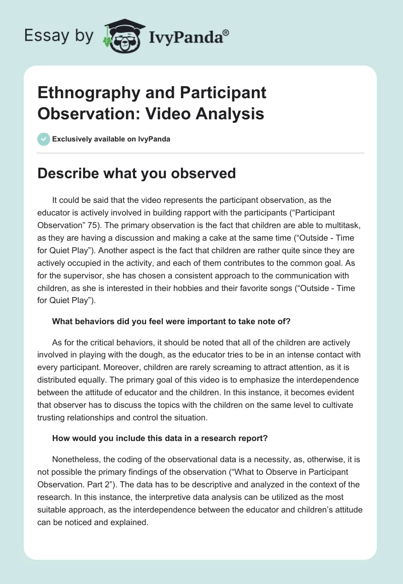 Ethnography and Participant Observation: Video Analysis. Page 1