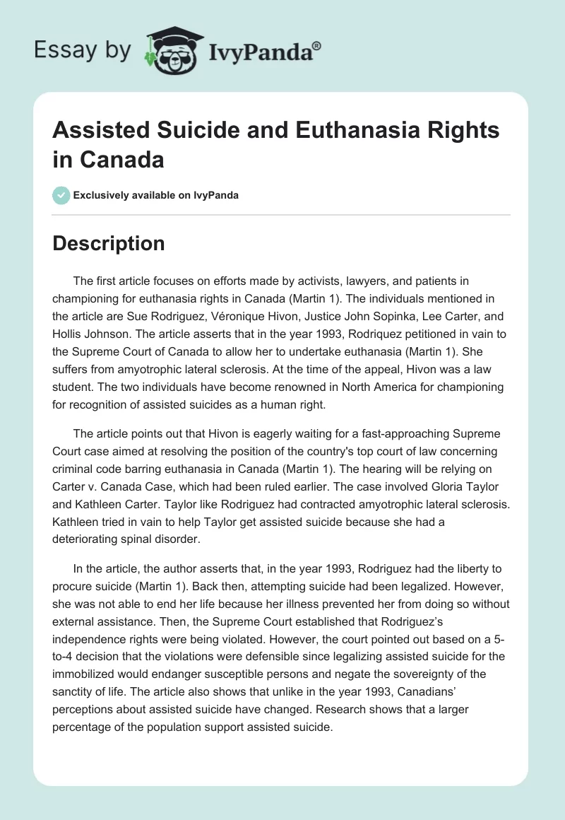 Assisted Suicide and Euthanasia Rights in Canada. Page 1