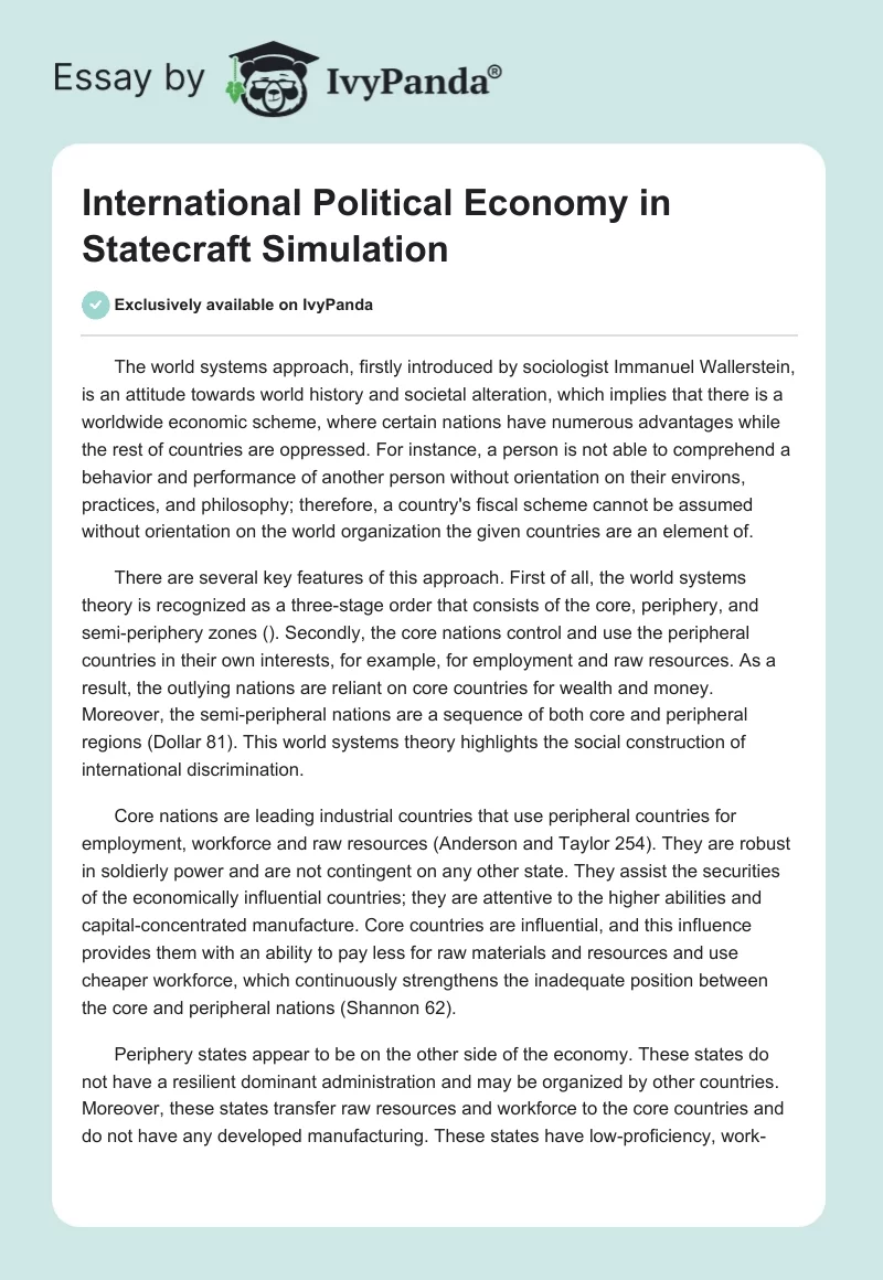International Political Economy in Statecraft Simulation. Page 1