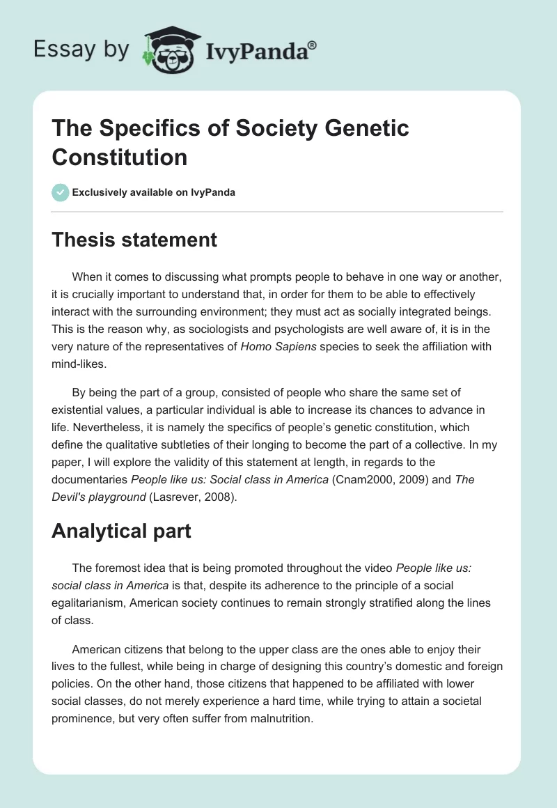 The Specifics of Society Genetic Constitution. Page 1