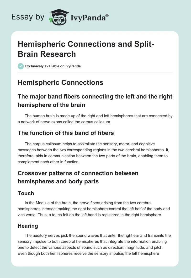 Hemispheric Connections and Split-Brain Research. Page 1