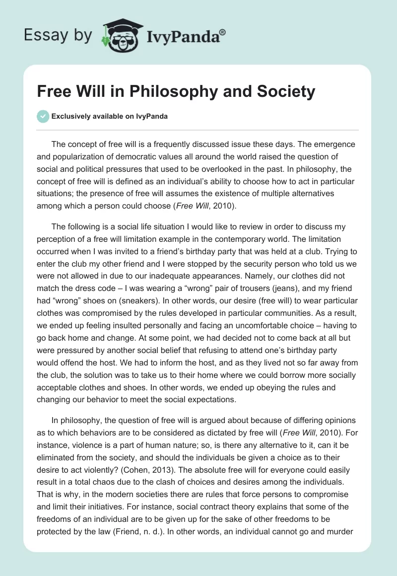 Free Will in Philosophy and Society. Page 1