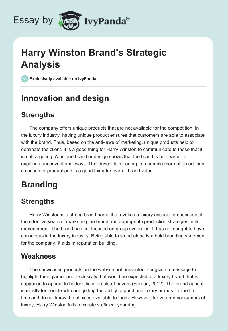 Harry Winston Brand's Strategic Analysis. Page 1