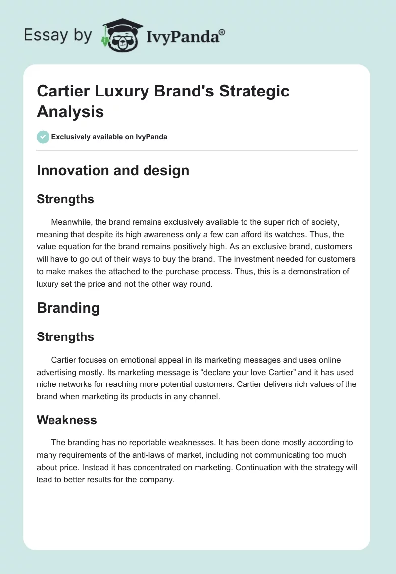 Cartier Luxury Brand's Strategic Analysis. Page 1