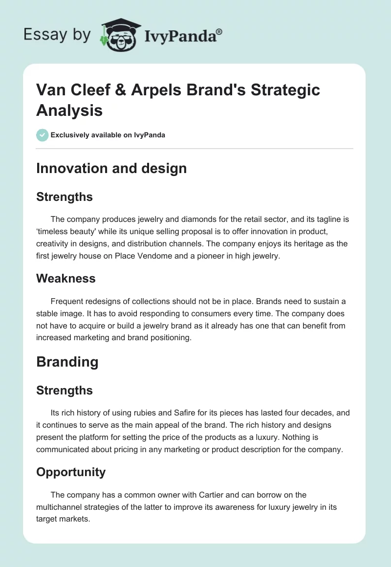 Van Cleef & Arpels Brand's Strategic Analysis. Page 1