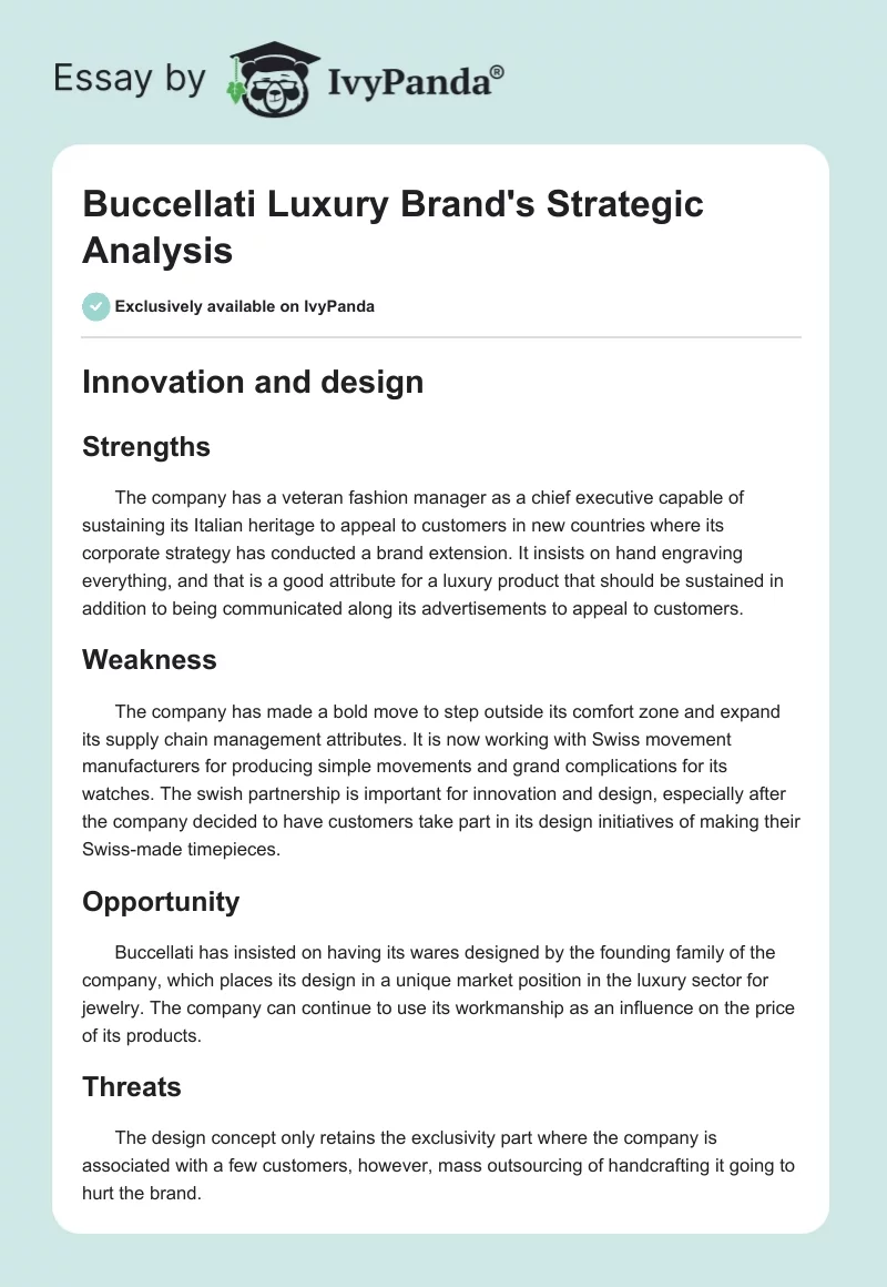 Buccellati Luxury Brand's Strategic Analysis. Page 1